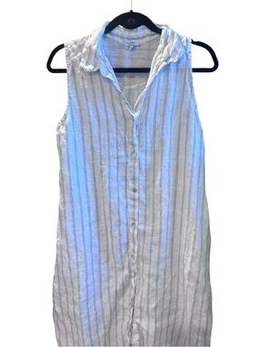Italian Linen Sleeveless Button Down Tunic Striped White Blue L
